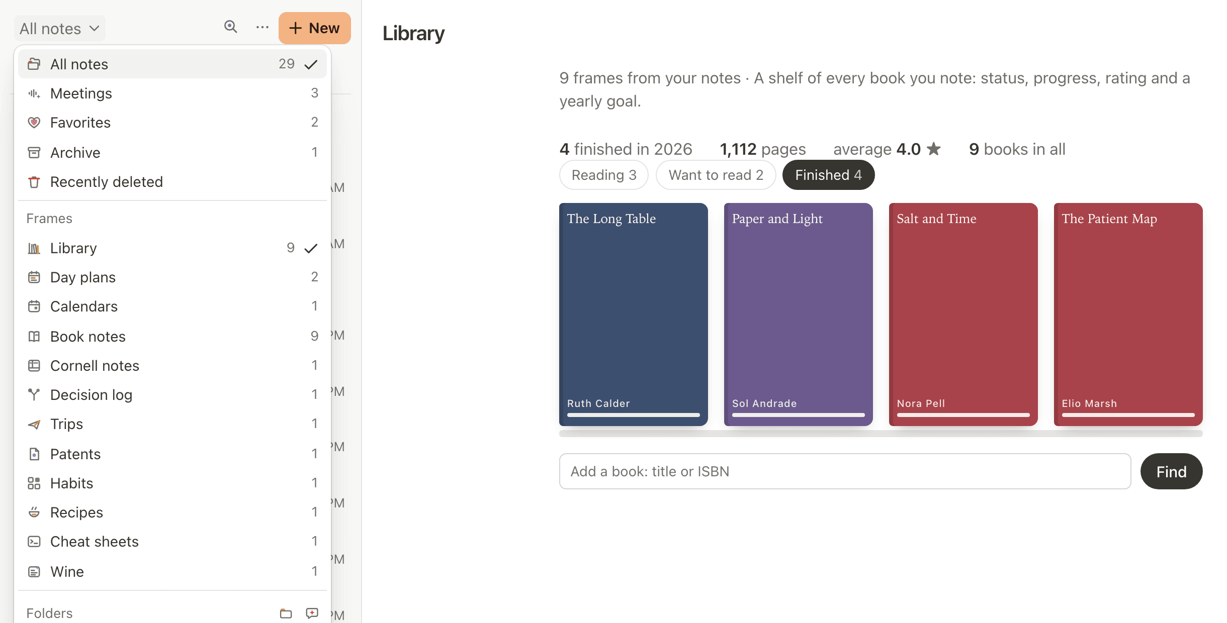 The notes list’s menu open on its Frames group with Library chosen, beside the Library shelf: four finished books, this year’s count, pages read and the average rating