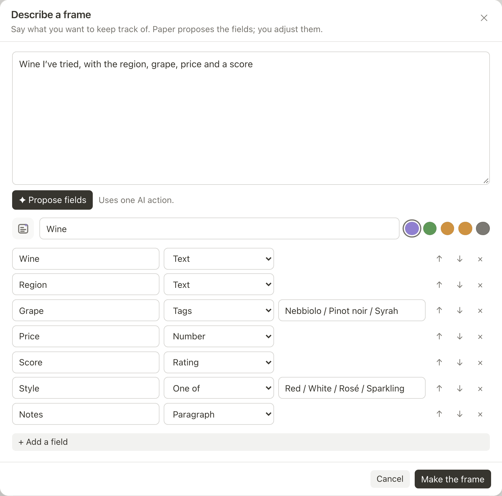 Describe a frame: the request “Wine I’ve tried, with the region, grape, price and a score”, and the proposed fields Wine, Region, Grape, Price, Score, Style and Notes, each with its type