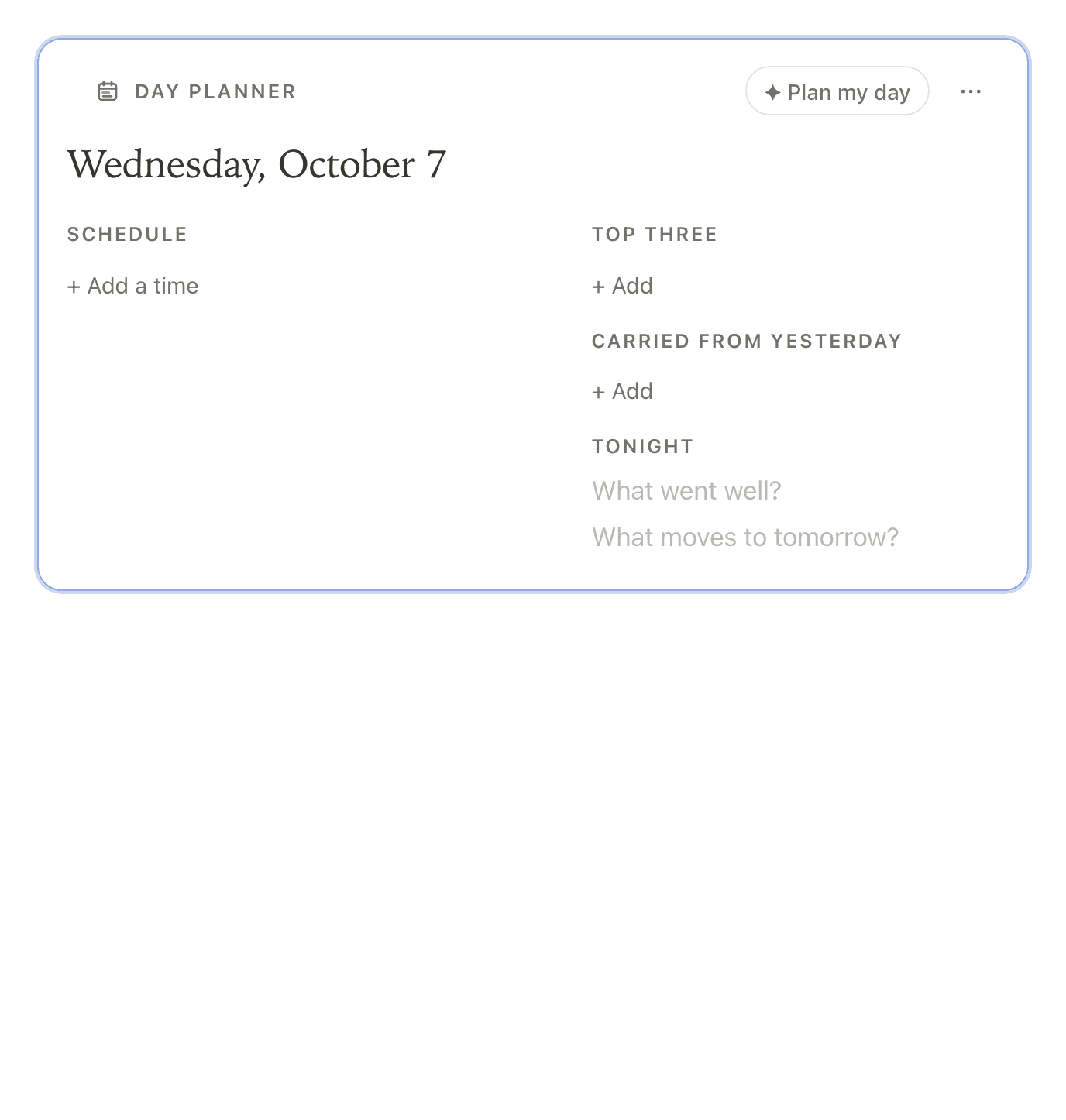 An empty Day planner for today, with a Plan my day button