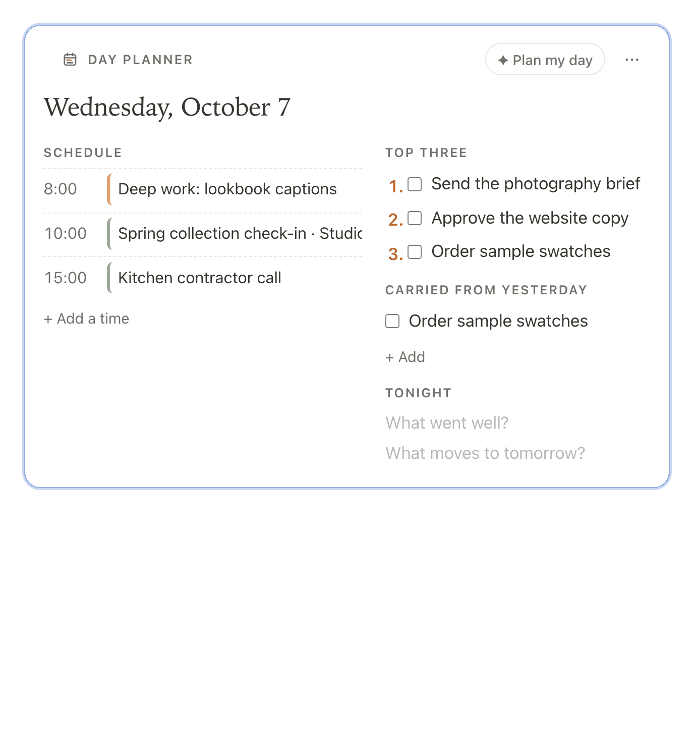 The Day planner after Keep all: the schedule, the top three and the carried item are now part of the frame