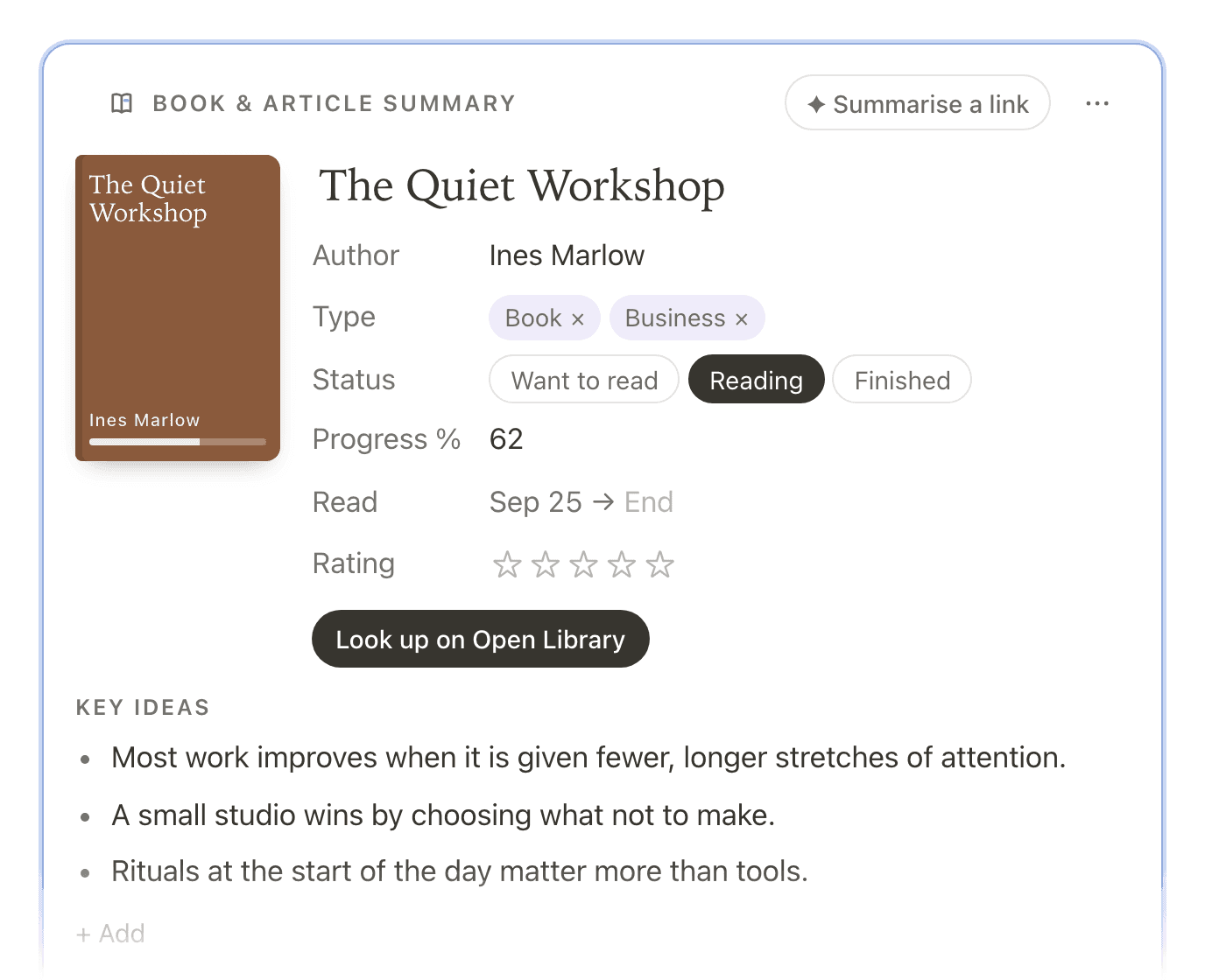 A Book & article summary frame for The Quiet Workshop by Ines Marlow: a cloth cover, the status Reading at 62 percent, and three key ideas