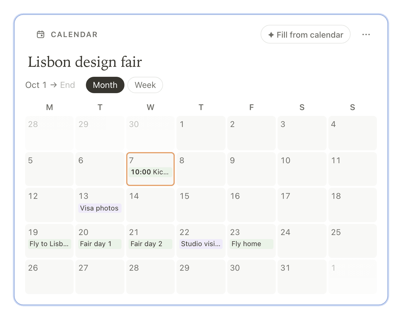 A Calendar frame titled Lisbon design fair: an October month grid with today’s kickoff, visa photos, the flights and two fair days marked