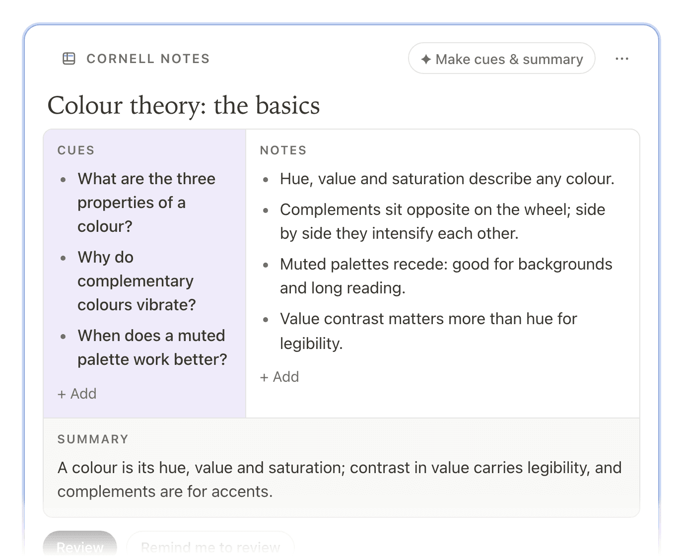 A Cornell notes frame on colour theory: three cue questions on the left, four notes on the right and a two-line summary below