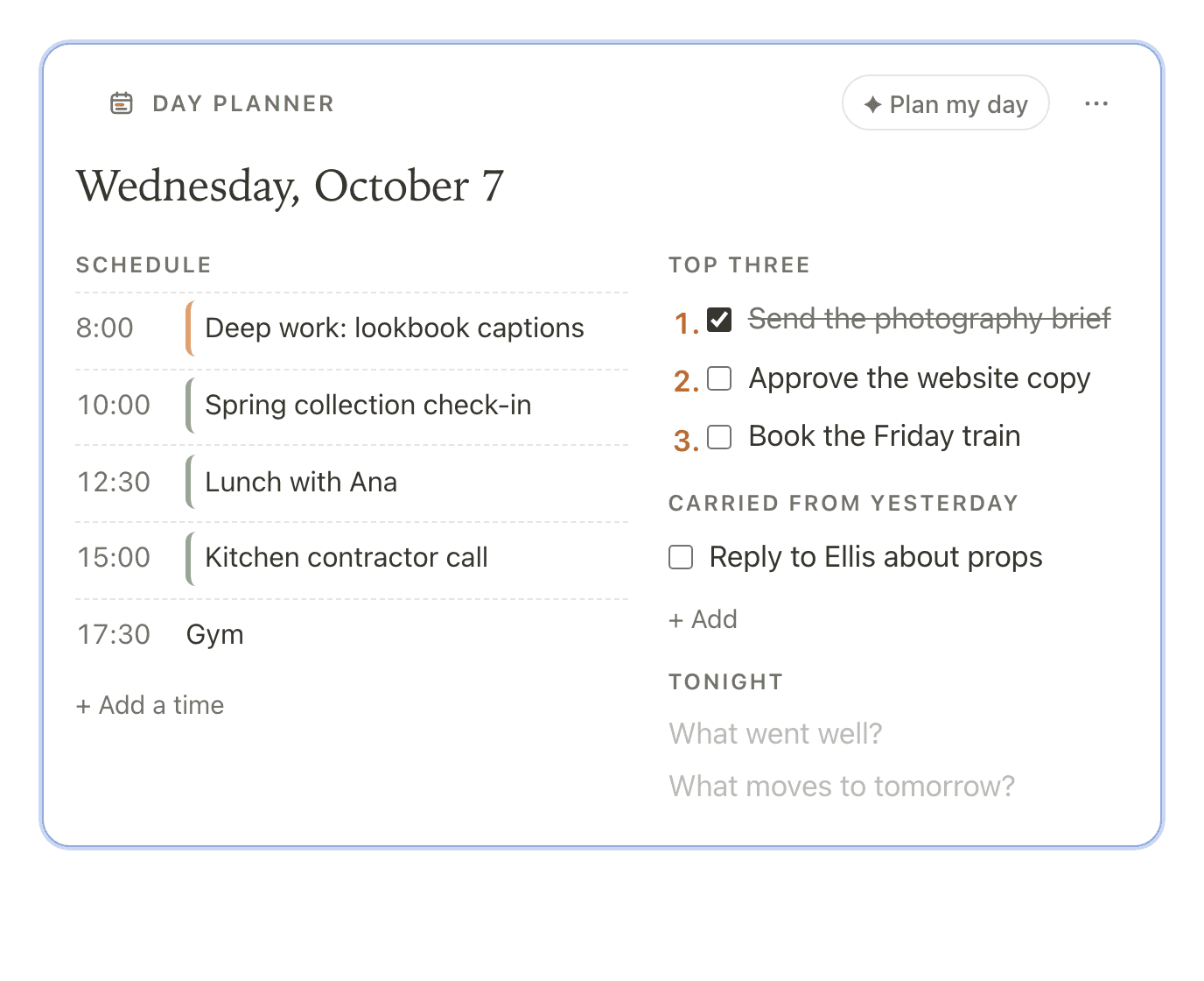 A Day planner frame for Wednesday, October 7: a schedule from 8:00 to 17:30, a top three with the first item done, a task carried from yesterday, and two evening prompts