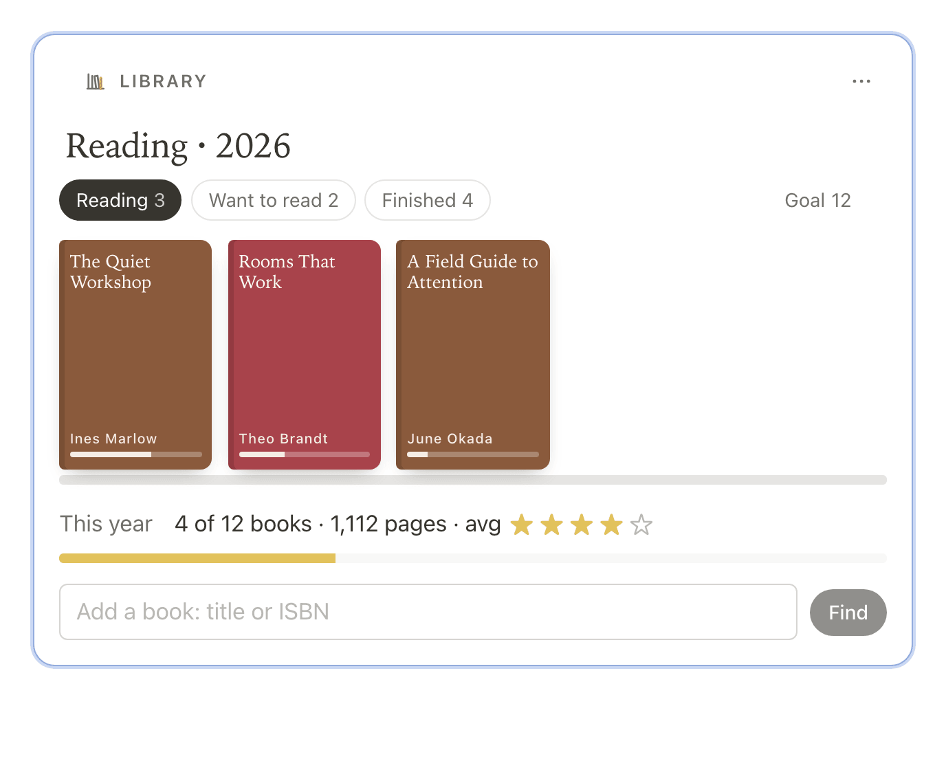 A Library frame, Reading · 2026: three books on the Reading shelf, 4 of 12 books read this year, and a box to add a book by title or ISBN