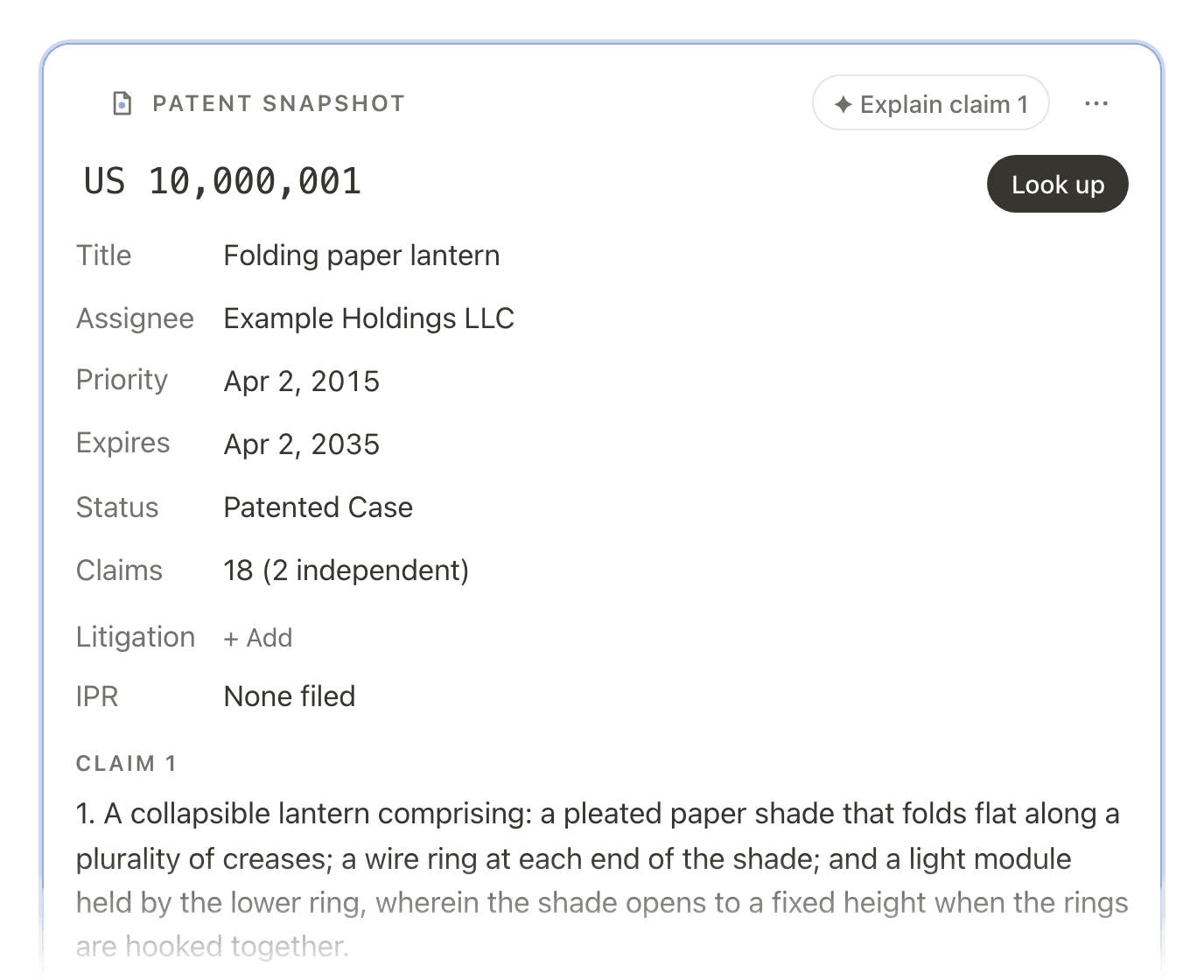 A Patent snapshot frame for an invented patent, US 10,000,001, Folding paper lantern: assignee, priority and expiry dates, status, claims and claim 1