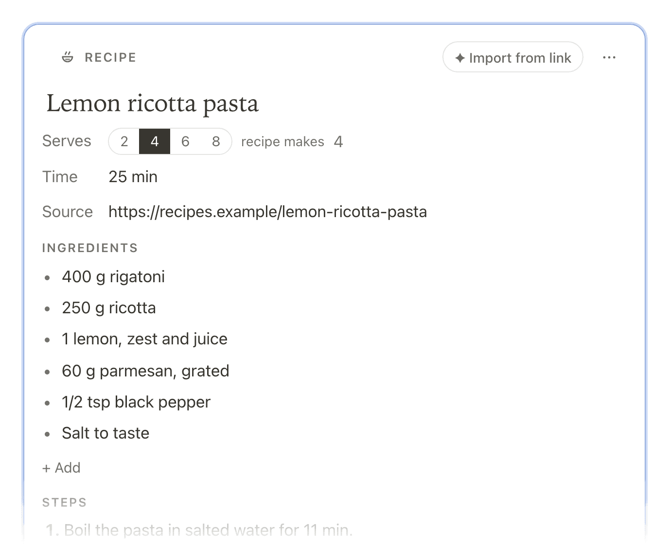 A Recipe frame for lemon ricotta pasta: servings from 2 to 8, the time, the source link and six ingredients