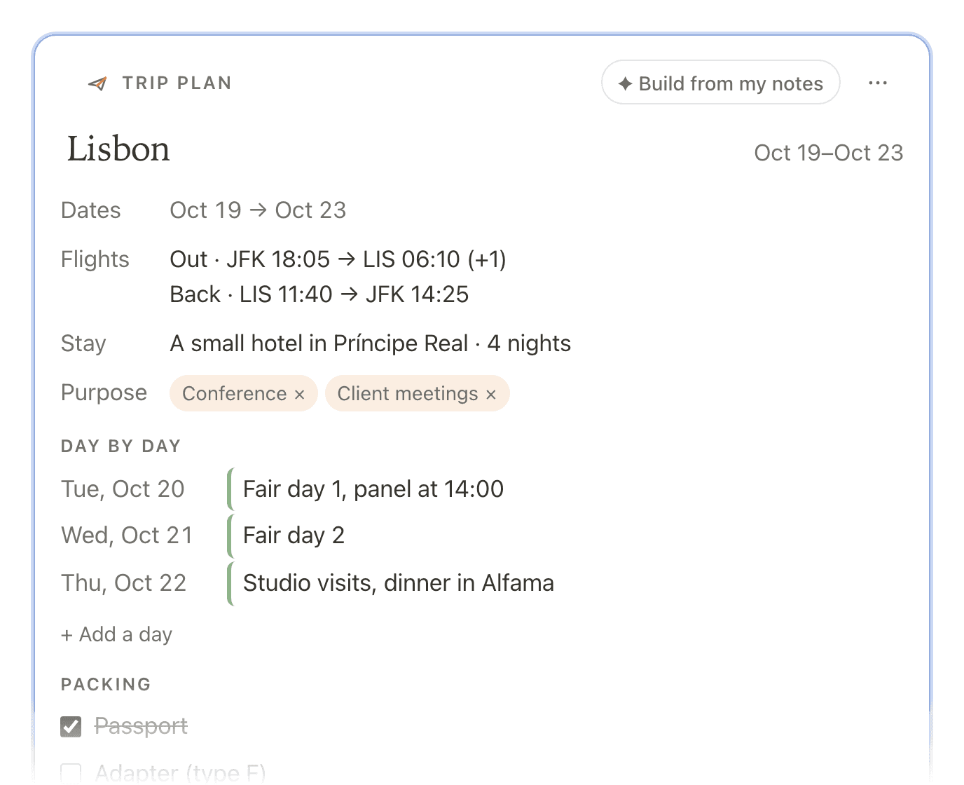 A Trip plan frame for Lisbon: the dates, the flights out and back, the hotel, purpose tags, three days of plans and the start of a packing list