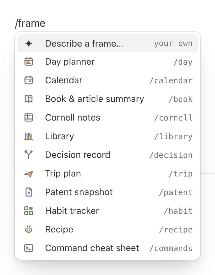 The / menu after typing /frame: Describe a frame… and the eleven frames, each with its shortcut