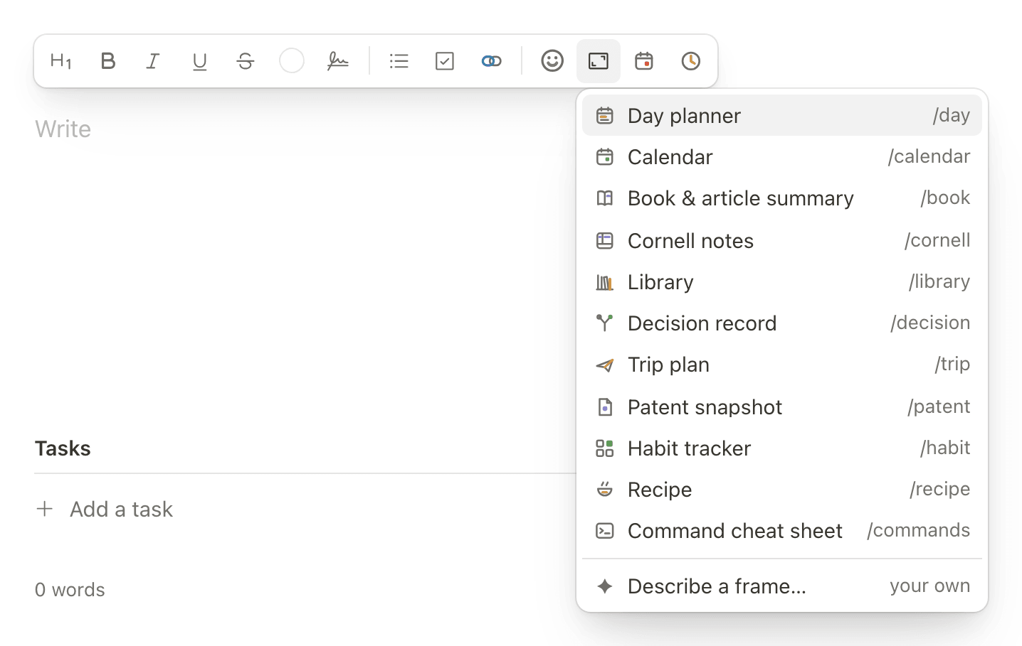 The formatting bar’s Frames menu open: the eleven frames with their shortcuts, and Describe a frame…