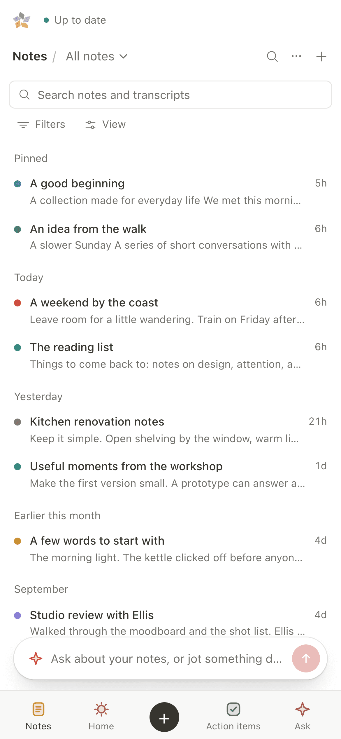 Everyday Paper on a phone: the notes list