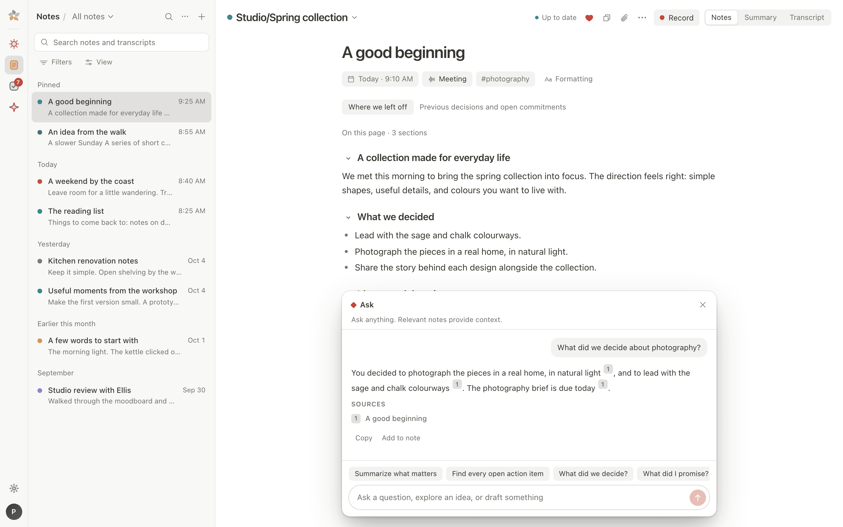 Ask, answering a question about a decision with a numbered source from your notes